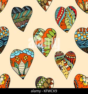 Hand drawn Zentangle seamless pattern with Hearts. Use for cards, invitation, wallpapers, pattern fills, web pages elements and etc. Stock Vector