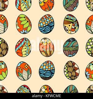 Seamless pattern with Easter eggs. Easter hand-drawn decorative elements in vector.  Made by trace from sketch. Zentangle Stock Vector