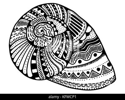 Zentangle stylized shell. Hand Drawn aquatic doodle vector illustration. Sketch for tattoo or makhenda. Seashell collection. Ocean life. Stock Vector