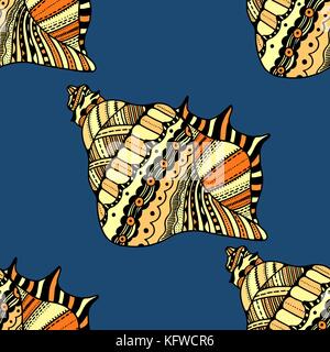 Zentangle stylized sea cockleshell seamless pattern. Hand Drawn aquatic doodle vector illustration. Sketch for tattoo or makhenda. Seashell collection Stock Vector