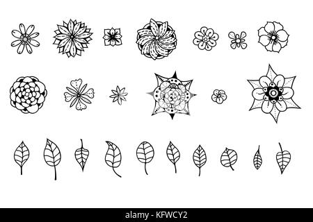 White and black doodle floral set. Fancy flowers and leaves design elements Stock Vector