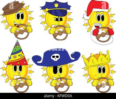 Cartoon sun driving, holding a steering wheel. Collection with costume. Expressions vector set. Stock Vector