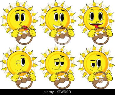 Cartoon sun driving, holding a steering wheel. Collection with happy faces. Expressions vector set. Stock Vector