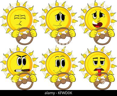 Cartoon sun driving, holding a steering wheel. Collection with sad faces. Expressions vector set. Stock Vector