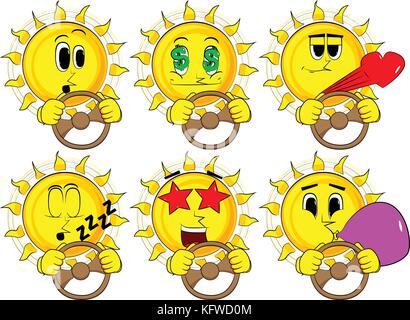 Cartoon sun driving, holding a steering wheel. Collection with various facial expressions. Vector set. Stock Vector