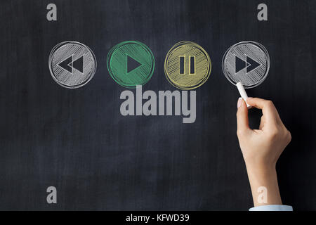 Play stop and rewind icons on blackboard Stock Photo