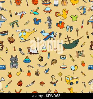 Seamlesbackground of Funny baby toys set. Vector doodle collection of hand drawn icons for baby shower or scrapbook Stock Vector