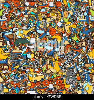 Seamlesbackground of Funny baby toys set. Vector doodle collection of hand drawn icons for baby shower or scrapbook Stock Vector