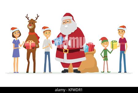 Happy Santa Claus, reindeer and children - cartoon characters isolated illustration Stock Vector