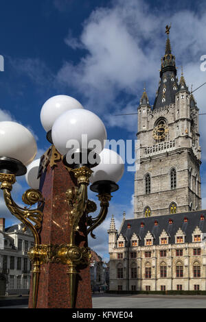 The Belfry in Ghent, Belgium. The 91m belfry of Ghent is one of three medieval towers that overlook the old city center of Ghent, the other two are Sa Stock Photo