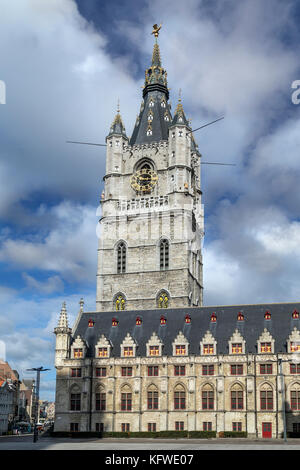 The Belfry in Ghent, Belgium. The 91m belfry of Ghent is one of three medieval towers that overlook the old city center of Ghent, the other two are Sa Stock Photo