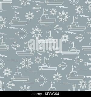 Cute seamless pattern with ships, steering wheels, anchors, flags. Marine theme. Design for poster or print. Stock Vector