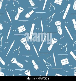 Seamless pattern with variety tools for manicure and pedicure. Personal care. Design for banner, poster or print. Stock Vector