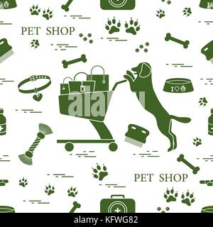Seamless pattern: dog, bowl, shopping cart with gift bags, traces, bone, brush, collar, first aid kit. Health care, vet, nutrition, exhibition. Stock Vector