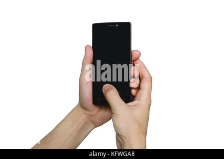 Hand hold and Touch on Screen Smartphone on white background. Two male hands holding a black phone Stock Photo