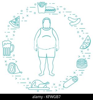 Fat man with unhealthy lifestyle symbols around him. Harmful eating habits. Design for banner and print. Stock Vector