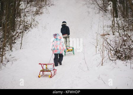 little cute girl and boy with sled Stock Photo