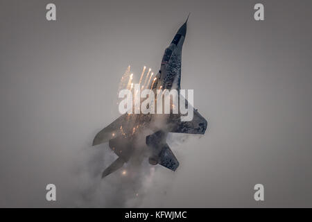 Slovak air force Mig 29 releasing flares Stock Photo