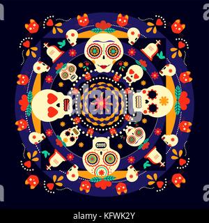 Mexican day of the dead celebration art, happy sugar skulls with traditional flower decoration in modern flat color style. EPS10 vector. Stock Vector