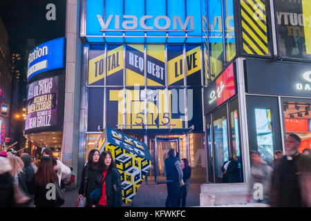 Viacom headquarters in Times Square in New York is branded for the recently introduced reboot of the MTV TRL show on Tuesday, October 31, 2017. Viacom recently reached a deal which will allow eight of Viacom's networks to now be shown on Spectrum cable' most inexpensive package. (© Richard B. Levine) Stock Photo
