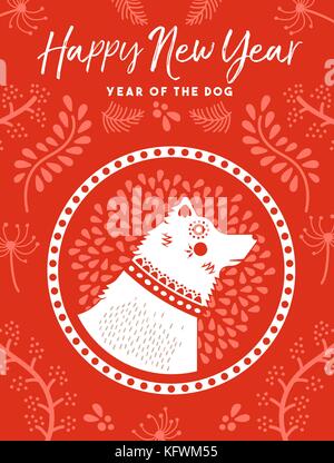 2018 Happy Chinese New Year of the Dog greeting card design with traditional red illustration and nature ornaments for asian celebration. EPS10 vector Stock Vector