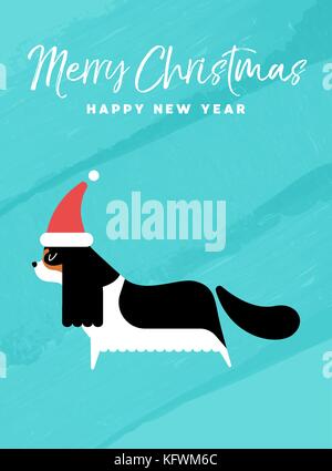 Merry Christmas and Happy New Year holiday greeting card illustration. Funny Cavalier King Charles Spaniel dog with Santa Claus hat on colorful textur Stock Vector