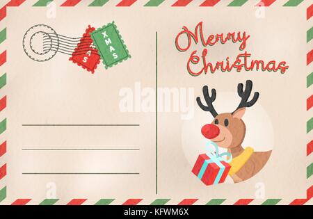 Merry Christmas postcard in traditional vintage mail style. Holiday greeting card from the north pole with cute reindeer cartoon and empty space for c Stock Vector