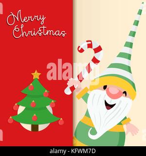 Merry Christmas greeting card illustration for holiday season. Cute elf helper character with xmas pine tree and typography quote. EPS10 vector. Stock Vector