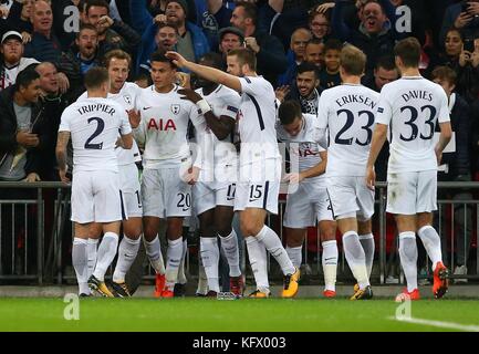 London, UK. 01st Nov, 2017. Dele Alli of Tottenham celebrates scoring the opening goal during the UEFA Champions League match between Tottenham Hotspur and Real Madrid at Wembley Stadium in London. 01 Nov 2017. Credit: James Boardman/Alamy Live News Stock Photo