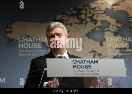 London, UK. 1st Nov, 2017. Gjorge Ivanov, President of the Republic of Macedonia, speaking about the challenges his country has faced from high levels of migration, at Chatham House in London on 1 November 2017. Credit: Dominic Dudley/Alamy Live News Stock Photo