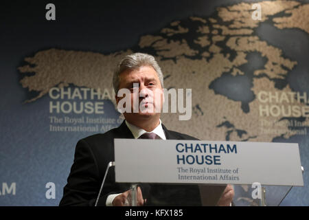 London, UK. 1st Nov, 2017. Gjorge Ivanov, President of the Republic of Macedonia, speaking about the challenges his country has faced from high levels of migration, at Chatham House in London on 1 November 2017. Credit: Dominic Dudley/Alamy Live News Stock Photo