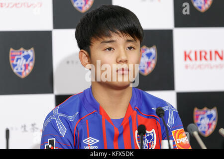 Tokyo, Japan. 1st Nov, 2017. Soccer player Takefusa Kubo (16) attends a news conference at FC Tokyo Club House on November 1, 2017, Tokyo, Japan. FC Tokyo club announced that star teen players Hirakawa and Kubo will be moved to J-League first division. Credit: Rodrigo Reyes Marin/AFLO/Alamy Live News Stock Photo