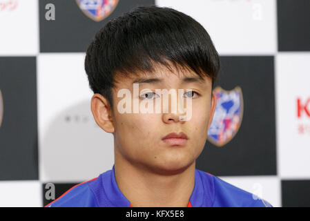 Tokyo, Japan. 1st Nov, 2017. Soccer player Takefusa Kubo (16) attends a news conference at FC Tokyo Club House on November 1, 2017, Tokyo, Japan. FC Tokyo club announced that star teen players Hirakawa and Kubo will be moved to J-League first division. Credit: Rodrigo Reyes Marin/AFLO/Alamy Live News Stock Photo