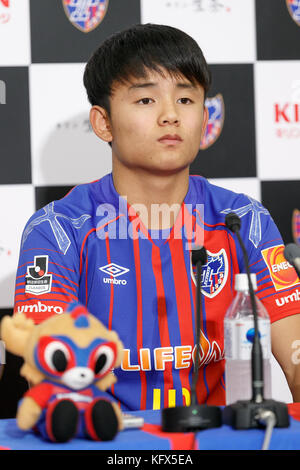 Tokyo, Japan. 1st Nov, 2017. Soccer player Takefusa Kubo (16) attends a news conference at FC Tokyo Club House on November 1, 2017, Tokyo, Japan. FC Tokyo club announced that star teen players Hirakawa and Kubo will be moved to J-League first division. Credit: Rodrigo Reyes Marin/AFLO/Alamy Live News Stock Photo