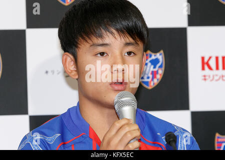 Tokyo, Japan. 1st Nov, 2017. Soccer player Takefusa Kubo (16) speaks during a news conference at FC Tokyo Club House on November 1, 2017, Tokyo, Japan. FC Tokyo club announced that star teen players Hirakawa and Kubo will be moved to J-League first division. Credit: Rodrigo Reyes Marin/AFLO/Alamy Live News Stock Photo