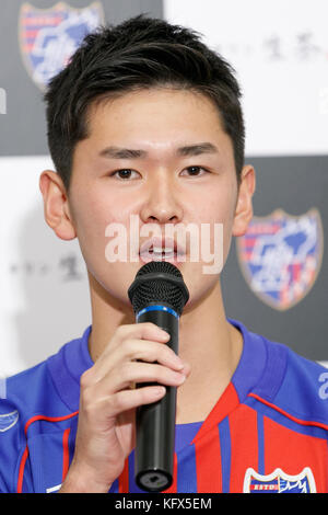 Tokyo, Japan. 1st Nov, 2017. Soccer player Rei Hirakawa (17) speaks during a news conference at FC Tokyo Club House on November 1, 2017, Tokyo, Japan. FC Tokyo club announced that star teen players Hirakawa and Kubo will be moved to J-League first division. Credit: Rodrigo Reyes Marin/AFLO/Alamy Live News Stock Photo