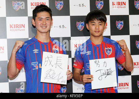 Tokyo, Japan. 1st Nov, 2017. Soccer players Rei Hirakawa (17) and Takefusa Kubo (16) pose for the cameras during a news conference at FC Tokyo Club House on November 1, 2017, Tokyo, Japan. FC Tokyo club announced that star teen players Hirakawa and Kubo will be moved to J-League first division. Credit: Rodrigo Reyes Marin/AFLO/Alamy Live News Stock Photo