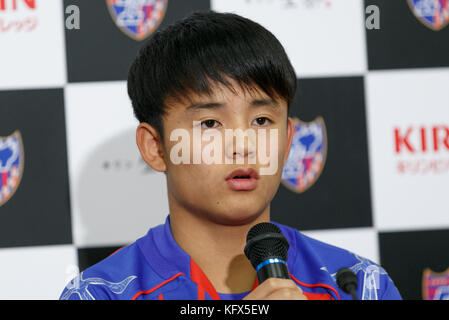 Tokyo, Japan. 1st Nov, 2017. Soccer player Takefusa Kubo (16) speaks during a news conference at FC Tokyo Club House on November 1, 2017, Tokyo, Japan. FC Tokyo club announced that star teen players Hirakawa and Kubo will be moved to J-League first division. Credit: Rodrigo Reyes Marin/AFLO/Alamy Live News Stock Photo