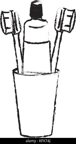 glass with toothpaste and toothbrushes monochrome silhouette Stock ...