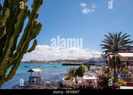 Restaurants along the harbour Corralejo La Oliva Fuerteventura Canary Islands Spain Stock Photo