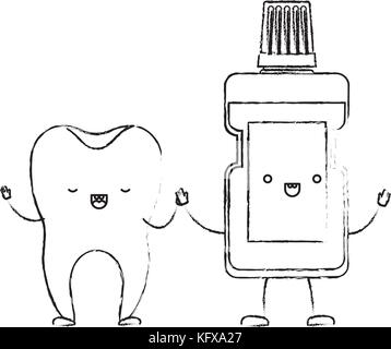 tooth and mouthwash in cartoon holding hands in blue silhouette Stock ...
