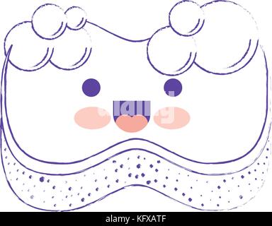 kawaii sponge with bubbles of soap in purple blurred silhouette Stock Vector