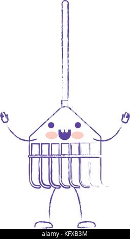 kawaii cartoon rake leaves with wooden stick in colored crayon ...