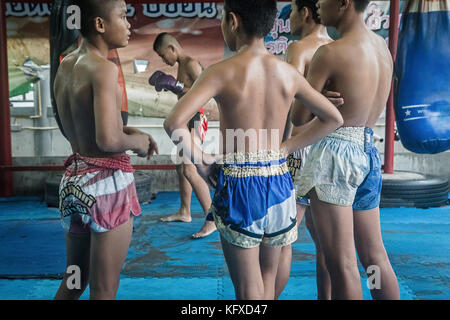 kids during training, Muay thai camp, Bangkok, Thailand Stock Photo