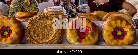 National uzbek bread sold in the market - Samarkand, Uzbekistan Stock Photo