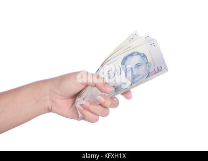 hand with Singapore banknotes dollars (50 SGD) isolated on a white background Stock Photo