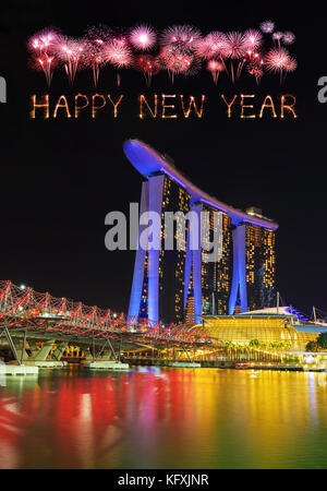 Happy new year firework Sparkle with the Helix Bridge at night, urban landscape of Singapore Stock Photo