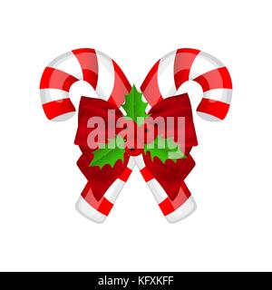 Traditional Christmas candy with bow and holly on white backgrou Stock Vector