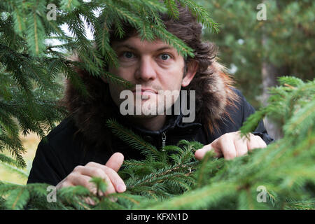 Bearded man with big round goggle eyes looking out of the forest through the young branches of fir trees. Scared man in the rainy autumn woods. Stock Photo