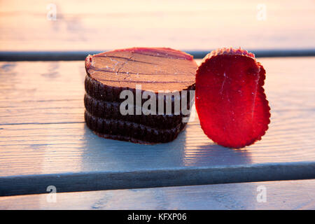 Smoked whale meat from Minke whale (Balaenoptera acutorostrata), Reine, Lofoten, Norway Stock Photo